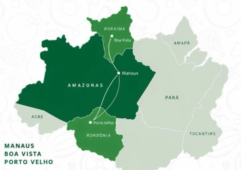 Mapa da Região Norte com Amazonas, Roraima e Rondônia em destaque, ligando Manaus, Boa Vista e Porto Velho